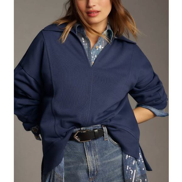 ANTHROPOLOGIE PILCRO Blue Johnny Collar Pullover Roomy Sweatshirt Women's MEDIUM - Picture 3 of 13